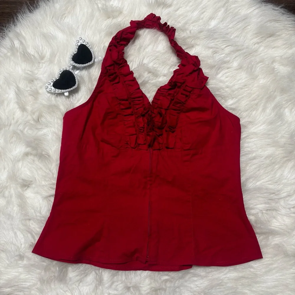 Moda International Y2K Pin-Up Vintage Red Ruffled Halter Zip Up Top size Medium